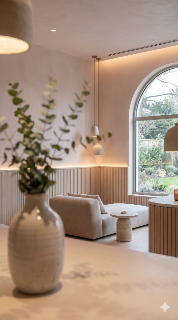 Sala de espera de The Gelvez Spa: ventana arqueada, lámparas colgantes minimalistas, sofá beige, jarrón con ramas de eucalipto y paneles de madera clara.